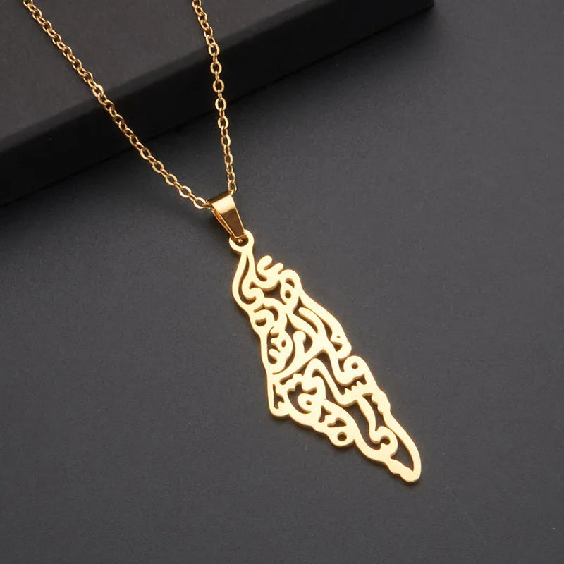 Ethnic Arabic Calligraphy Palestine Map Pendant Necklace For Women Men Stainless Steel Jewelry