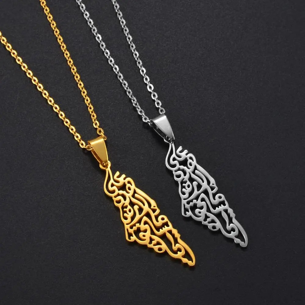 Ethnic Arabic Calligraphy Palestine Map Pendant Necklace For Women Men Stainless Steel Jewelry