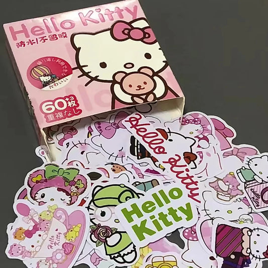 60Pcs/Box Sanrio Stickers Hello Kitty Kuromi Cinnamoroll Hand Account Cartoon Decal Decorative Waterproof Sticker Kids Toys